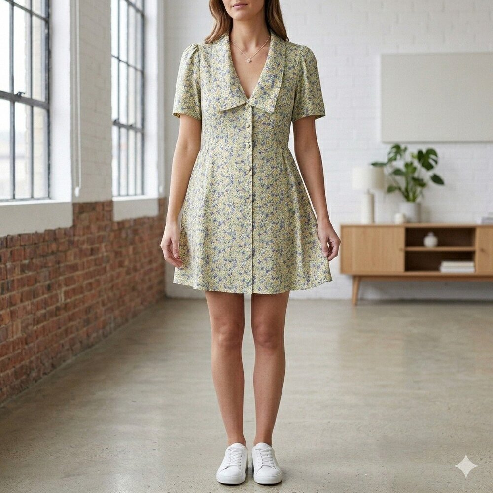 Primark Cares Floral Mini Dress Cottagecore Peter Pan Collar Yellow Size 4